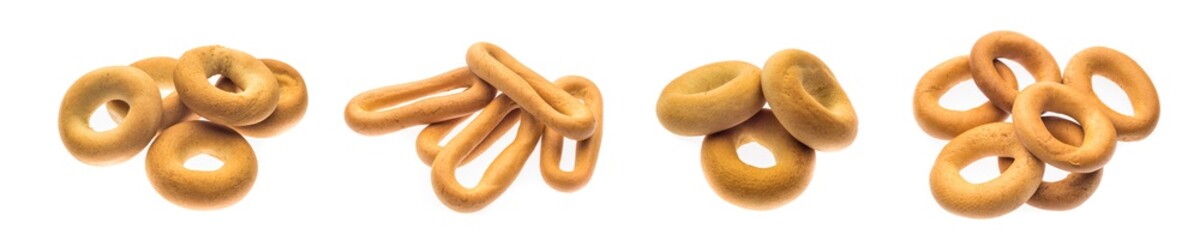 Collage with tasty dietary food round cracknel (Sushka) isolated on white background