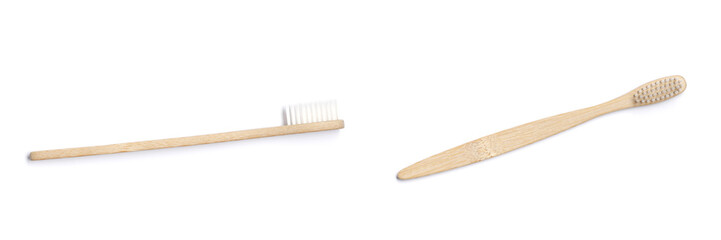 Bamboo toothbrushes on white background. Dental care
