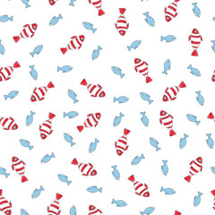 Pattern of watercolor blue and red fish on a white background