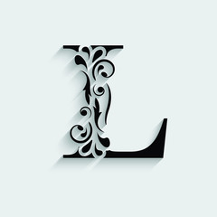 letter L. Black flower alphabet.  Beautiful capital letters with shadow