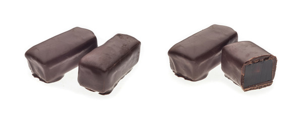 Collage with tasty sweet chocolate jelly candies isolated on white background