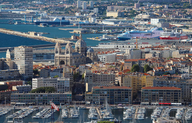 Aerial panoramic view of Major cathedral and old port in Marseille, France