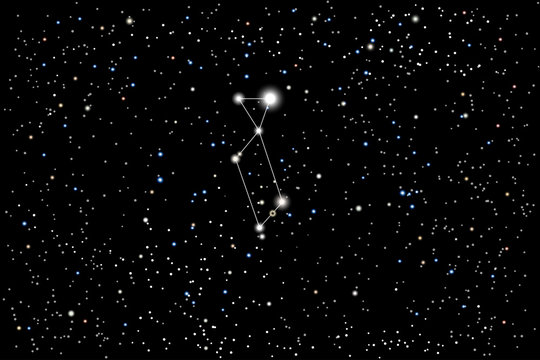 Vector illustration of the constellation Lyra (Lyre) on a starry black sky background. The astronomical cluster of stars in the constellation in the northern celestial hemisphere. 
