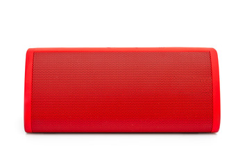 Red small bluetooth audio speaker on white.