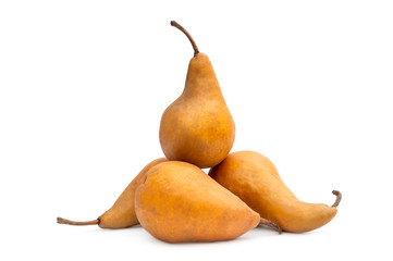 Heap of ripe pears on a white background.