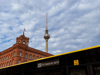 Berlin, Germany - 2019, October 13 - The famous Red Town Hall, the Berlin TV Tower and part of a...