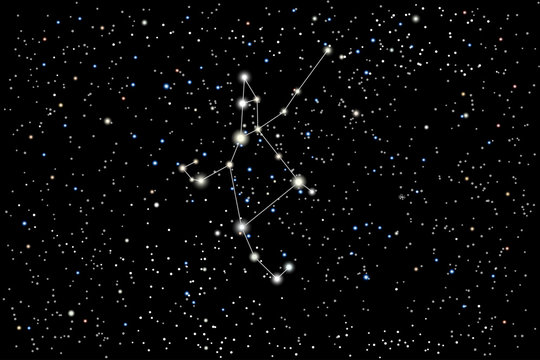 Vector illustration of the constellation Perseus on a starry black sky background. The astronomical cluster of stars in the constellation in the northern celestial hemisphere. 