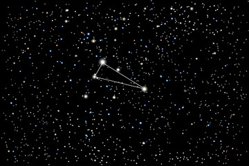 Vector illustration of the constellation Triangulum (Triangle) on a starry black sky background. The astronomical cluster of stars in the constellation in the northern celestial hemisphere. 
