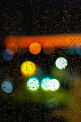 Water drop at windows and bokeh of city in sunset