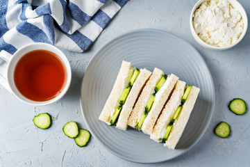 Cucumber cream cheese sandwiches on the plate