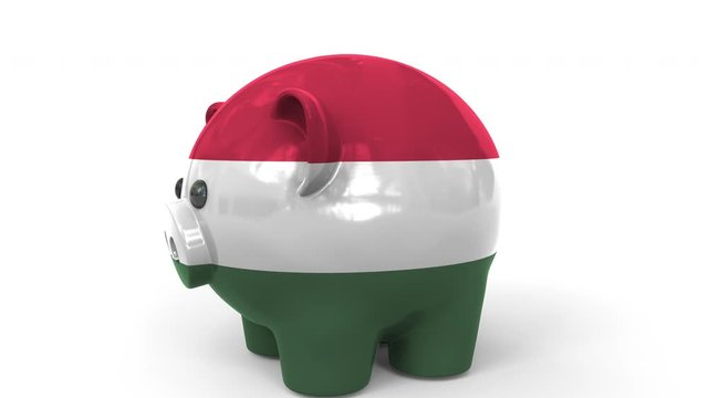 Coins fall into piggy bank painted with flag of Hungary. National banking system or savings related conceptual 3D animation