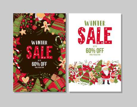 Christmas, new year, winter sale banners set. Poster, background, flyer, invitation card, template design with winter elements. Vector illustration EPS 10