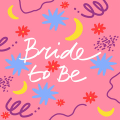 Fototapeta na wymiar Simple wedding lettering on pink background with colorful elements including flowers, moon, lines, dots and geometric shapes.