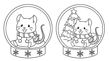 Cute little mouse sitting into the crystal ball. Contour vector illustration isolated on white background. Can be used for coloring book, greeting cards, sticker, tattoo, shirt, design template.