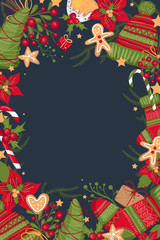 Cute Merry Christmas and Happy New Year greeting cards. Hand drawn holiday poster template, postcard design. Vector illustration EPS 10. Place your text