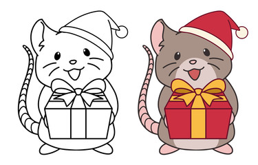 Cute rat wearing Santa hat gives a present. Contour and colored pictures. Hand drawn vector illustration.