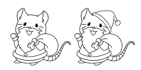 Cute little mouse wearing Santa costume and beard. Contour vector illustration isolated on white background. Can be used for coloring book, greeting cards, sticker, tattoo, shirt, design template.
