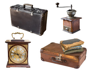 Set of gorgeous old vintage items. Suitcases, books, watches, coffee grinder Isolated on white background.