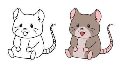 Cute little mouse wearing scarf and sitting. Contour vector illustration isolated on white background.