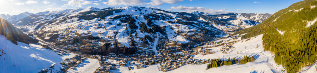 Slope on the skiing resort Flumserberg. Switzerland. Beautiful aerial view of the ski resort...