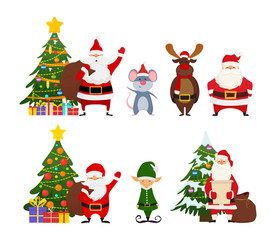 Vector set of cartoon Christmas characters. Santa Claus with Xmas trees and gifts, reindeer, elf, mouse. Illustration for postcard, banner, advertisement.