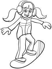 snowboarding girl cartoon coloring book page
