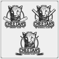 Baseball, cricket and hockey logos and labels. Sport club emblems with cheetans. Print design for t-shirt.