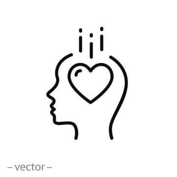 love in the head icon, head human with heart, mental mind, concept psychology love, thin line web symbol on white background - editable stroke vector illustration eps10