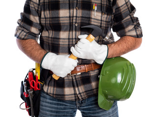 Fototapeta na wymiar Adult craftsman carpenter isolated on white background, he wears leather work gloves, he is holding a carpenter’s hammer. Work tools industry construction and do it yourself housework. Stock photograp