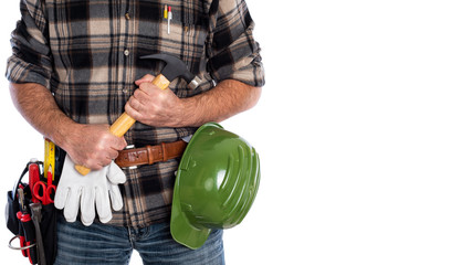 Fototapeta premium Adult craftsman carpenter isolated on white background, he is holding a carpenter’s hammer. Work tools industry construction and do it yourself housework. Stock photography.