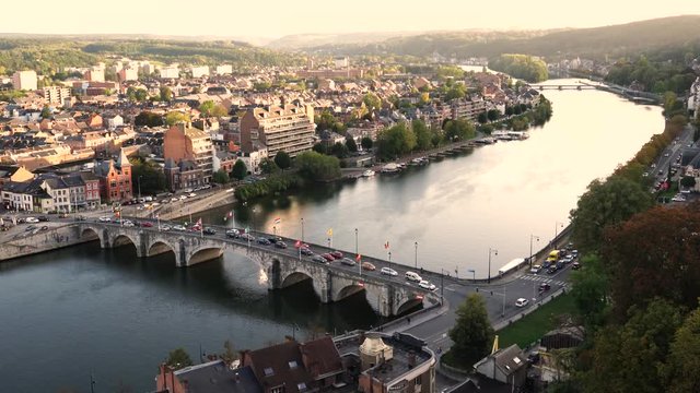 Namur, Belgium - October 10 2019:From  Namur Citadel city view in the sunset (evening) and Meuse River