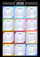 Calendar 2020, calendarium on memory blocks, multicolored background, vintage patterns in white outline, paper with rolled corner, vector template