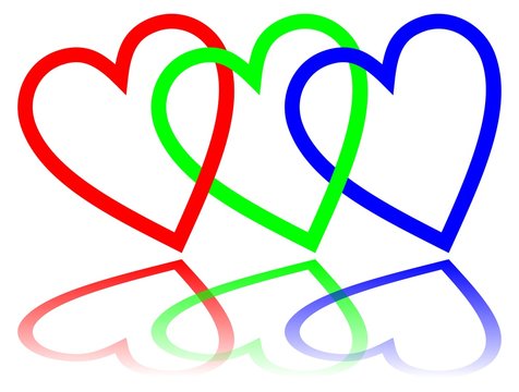 RGB color space designed like hearts with mirror image, basic red, basic blue and basic green. Vector design