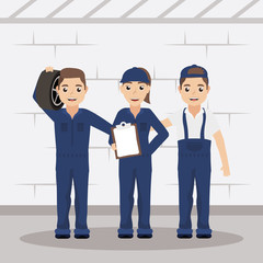 team of mechanics workers characters