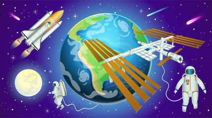 Space background with international space station, planet earth, astronauts and space shuttle in cartoon style.