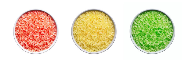 SPA concept. Set of colorful bath salt in bowl isolated over white background with clipping path. Top view