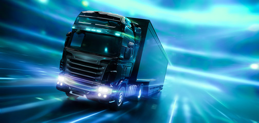 Modern high speed truck with trailer in motion with technology lights background (3D Illustration) - obrazy, fototapety, plakaty