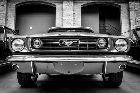 Pony car Ford Mustang (first generation) on May 01, 2019 in Berlin, Germany. Black and white.