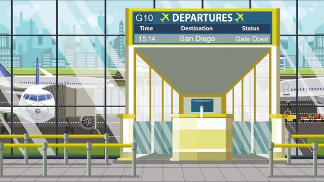 Airport terminal. Departure board above the gate with San Diego text. Travel to the United States loopable cartoon animation
