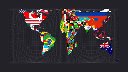 Worldmapwithallcountries andtheirflags. Gringorten square equal-area projection. Map of the world with meridians on dark background. Vector illustration.