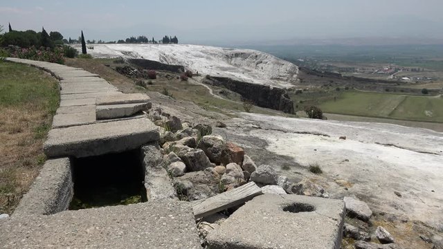 Pamukkale, Denizli, Turkey - 16th of July 2019: 4K Spring watercourse and sinter terraces