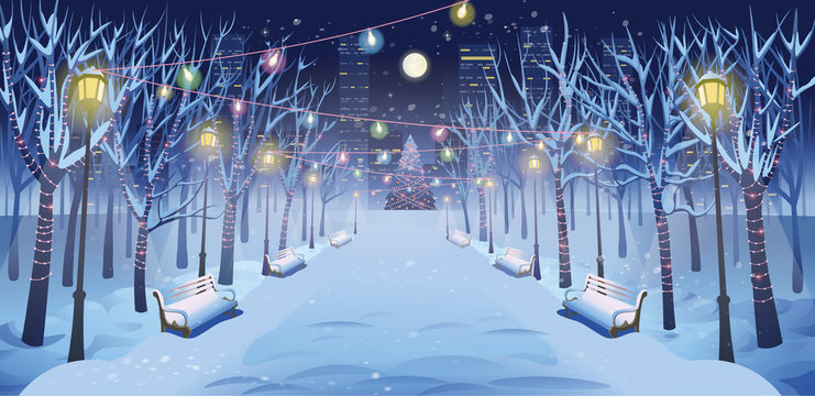 Panorama road over the winter park with benches, trees, lanterns and a garland. Vector illustration of winter city street in cartoon style.