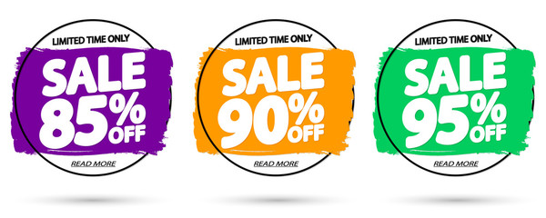 Set Sale tags, discount brush grunge banners design template, vector illustration