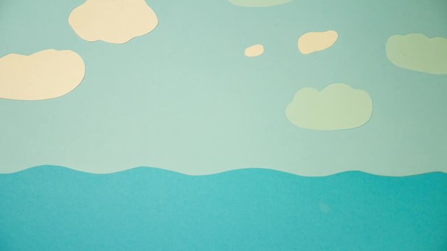 Clouds sea waves ocean breeze wind template background stop motion animation animated paper art craft handmade cartoon for your brand logo postcard