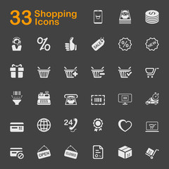 Set of 22 shopping icons, vector illustrations. Contains such as: cart, coupon, terminal, money, quality, help center and more.