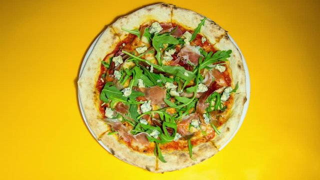 Pizza real photo advertisement commercial for your brand logo stop motion animation branding social media marketing background slicing hands cheese meat crunchy yellow template fast food restaurant