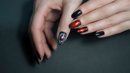 Nails Art Design. Hands With Manicure. Close Up Of Female Hands With Trendy Nails with decorations.