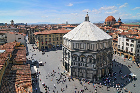 View from Cathedral of Santa Maria del Fiore in Florence on the Baptistry, Italy.