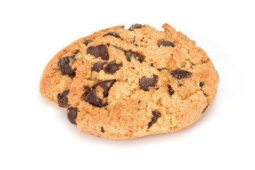 Homemade cookies. Sweet cookie with chocolate chips. Tasty biscuit in high resolution close-up, isolated on white background with small shadows. Homemade bakery.