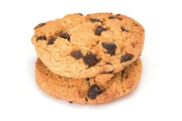 Homemade cookies. Two sweet cookies with chocolate chips. Tasty biscuit in high resolution close-up, isolated on white background with small shadows. Homemade bakery.